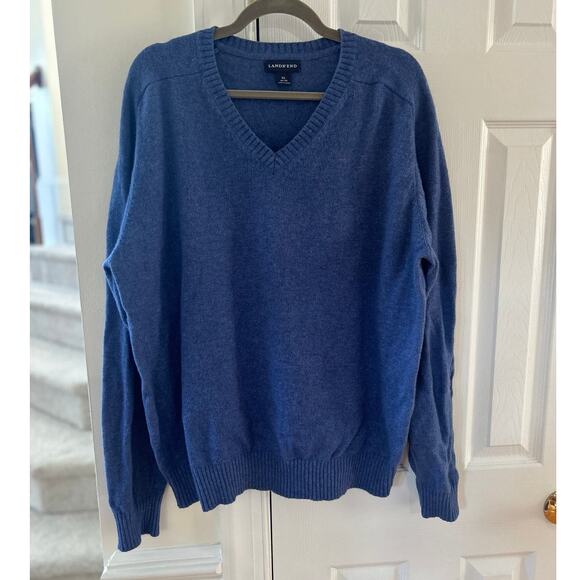 Lands End Merino Wool Cobalt Blue Long Sleeve V-Neck Elbow Patch Sweater - Picture 1 of 6
